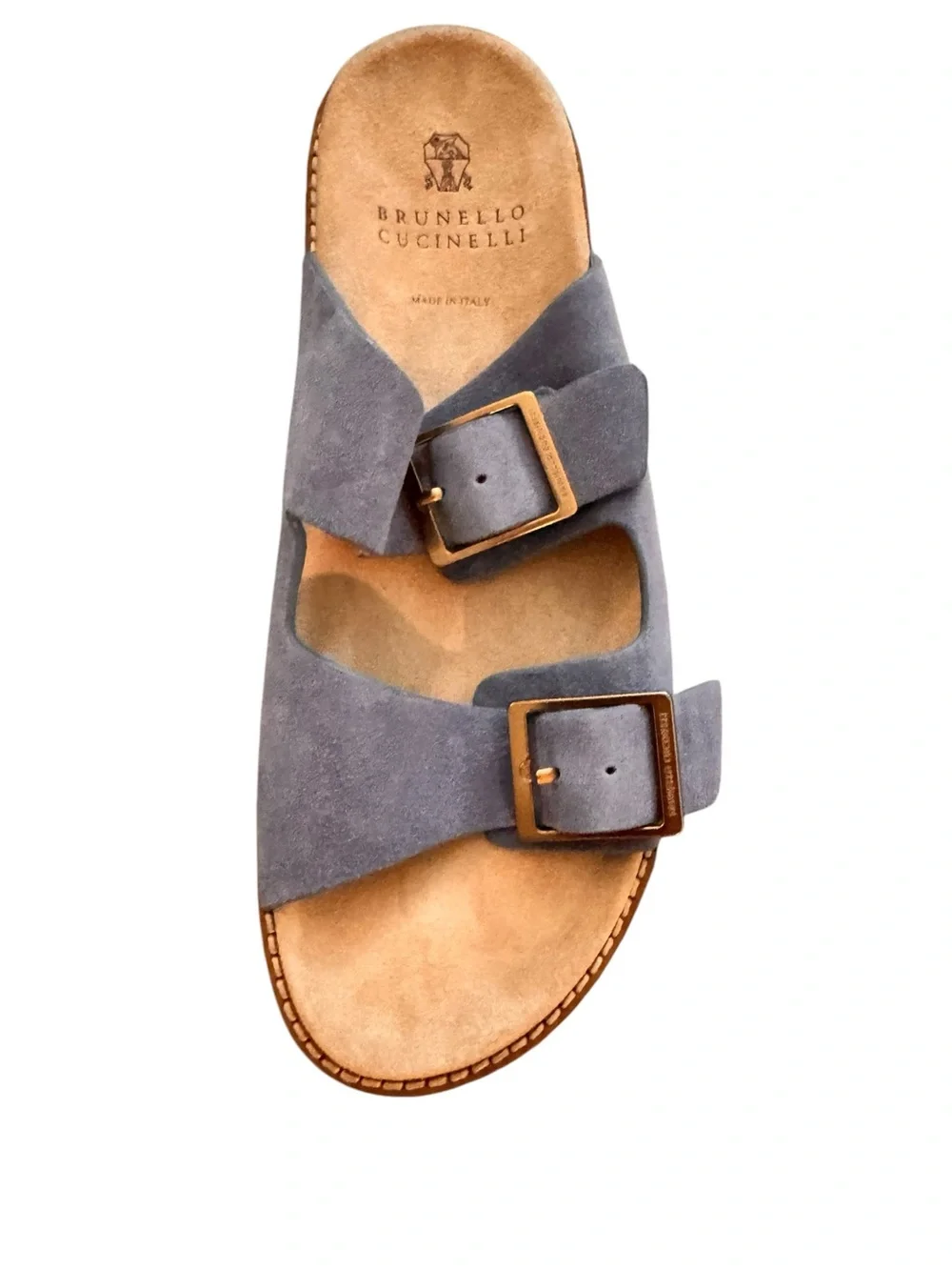 Brunello Cucinelli Suede Double-Buckle Slides in Dusty Blue